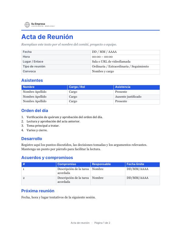 Primera página de la plantilla Acta de Reunión