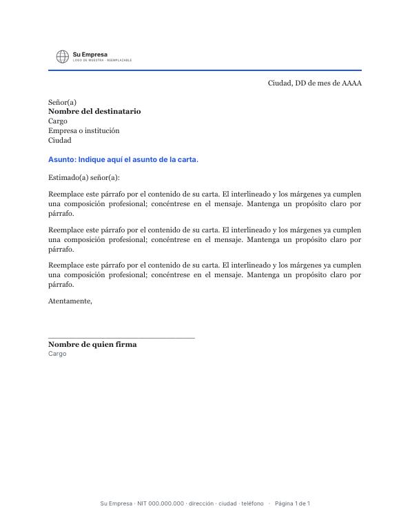 Primera página de la plantilla Carta formal